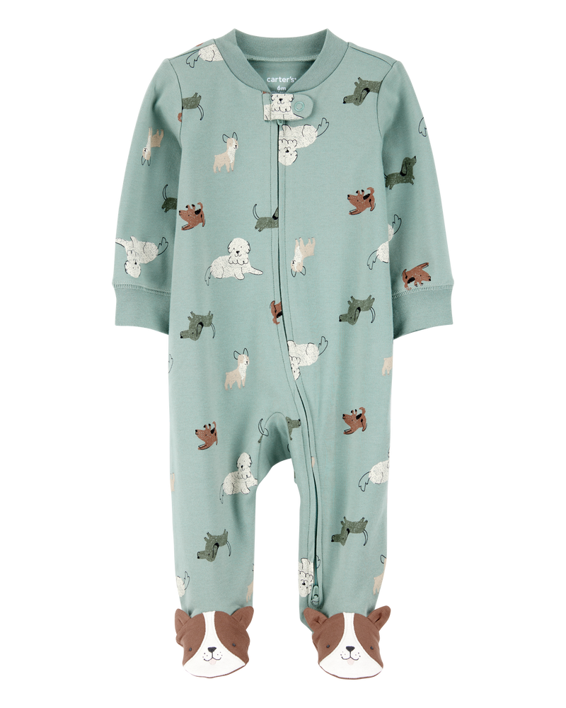 Baby 2-Pack  Cotton 2-Way Zip Sleep & Play Pajamas - Green/Ivory, image 3 of 7 slides
