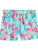 Blue - Kid Floral Print Drapey Linen Shorts