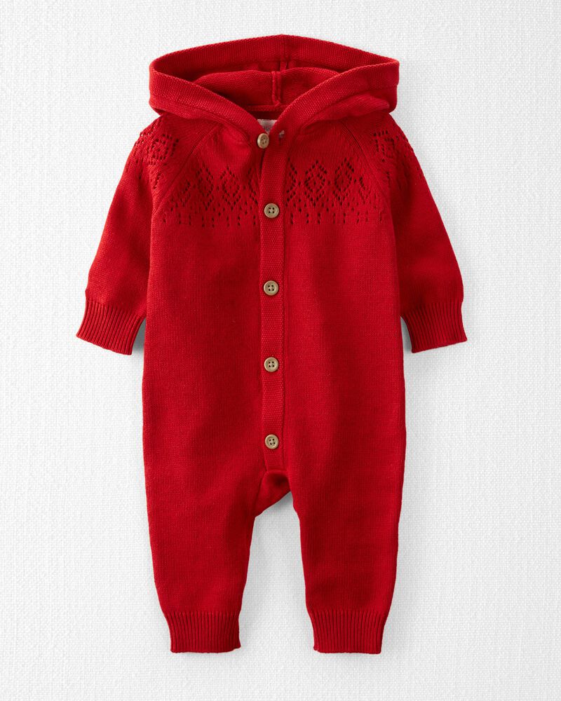 Baby Organic Cotton Sweater Knit Pointelle Jumpsuit in Red, image 1 of 5 slides
