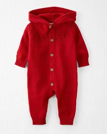 Baby Organic Cotton Sweater Knit Pointelle Jumpsuit in Red, 