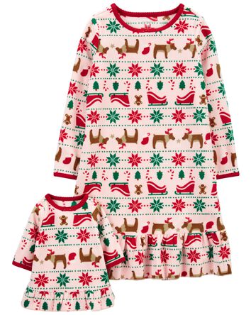 Kid 2-Pack Fair Isle Matching Fleece Doll Nightgown Set, 