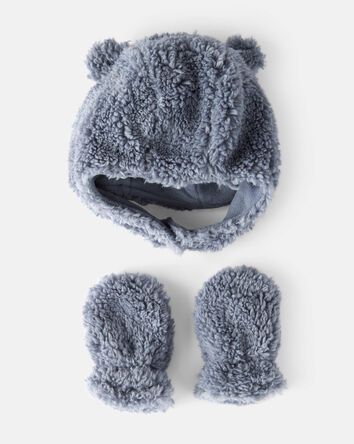 Baby Sherpa Winter Hat & Mittens Set - Blue, 