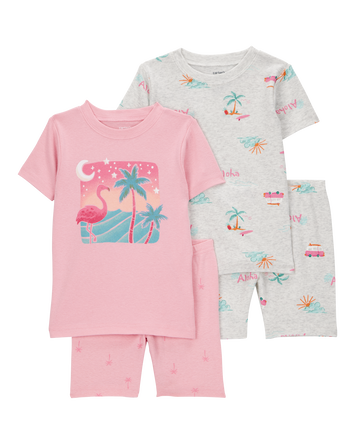 Baby Flamingo Print Snug Fit Ribbed 4-Piece Pajamas, 