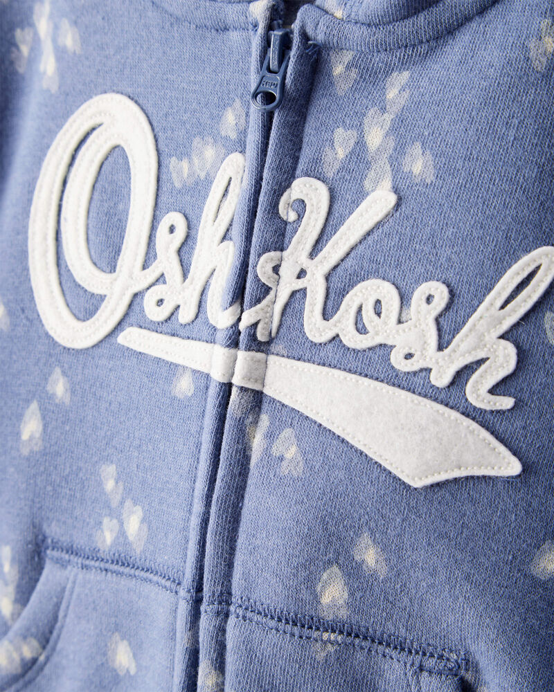 Baby Heart Print OshKosh French Terry Logo Zip Jacket - Blue, image 2 of 4 slides