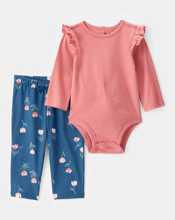 Baby 2-Piece Long-Sleeve Floral Long-Sleeve Bodysuit Pant Set - Pink/Blue, 