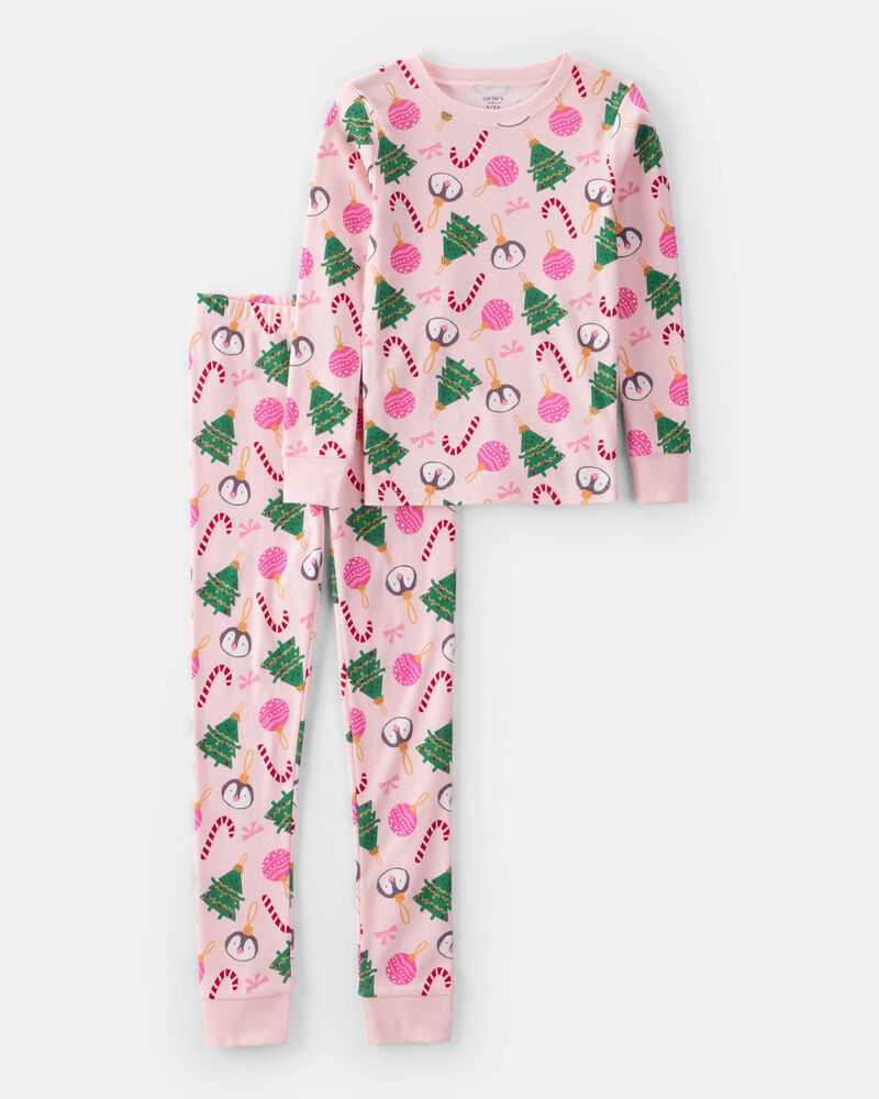 Kid Christmas Ornament Print 100% Cotton Long-Sleeve 2-Piece Pajamas - Pink, image 1 of 3 slides