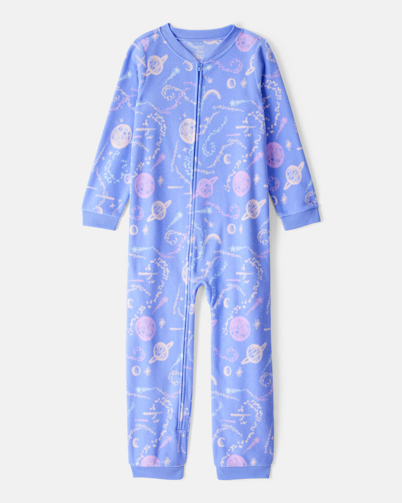 Girls Space Print Loose Fit Long-Sleeve Zip-Up 1-Piece Pajamas - Blue, image 1 of 3 slides