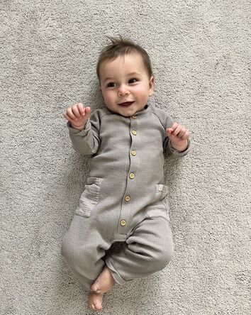 Baby Waffle Knit Button-Front Jumpsuit Made With Organic Cotton in Gray, 