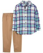 Toddler 2-Piece Plaid Button-Front Shirt & Canvas Pant Set, image 1 of 4 slides