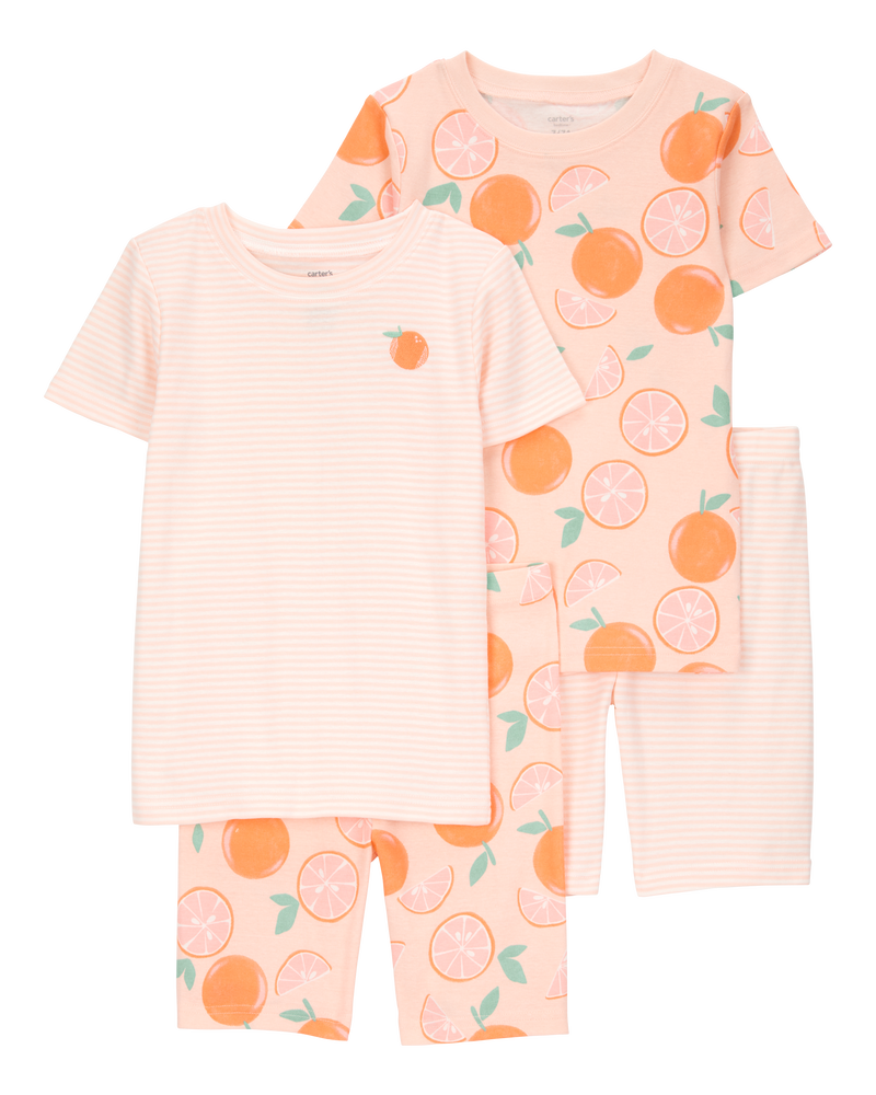 Kid Orange Striped Snug Fit Cotton 4-Piece Pajamas, image 1 of 5 slides