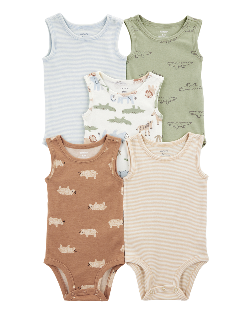 Baby 5-Pack Animals Sleeveless Bodysuits, image 1 of 7 slides