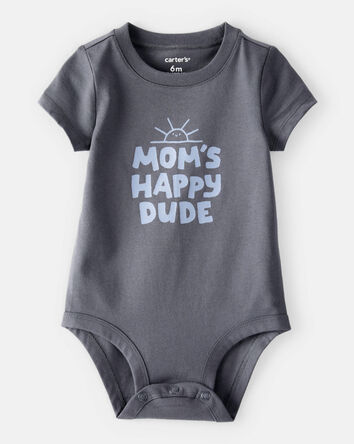 Baby Boy 'Mom's Happy Dude' Short-Sleeve Graphic Bodysuit - Grey, 