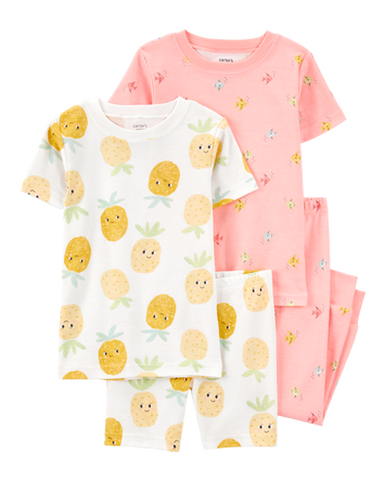 Toddler 4-Piece Pineapple & Fish Print 100% Snug Fit Cotton Pajamas - Pink/Yellow, 