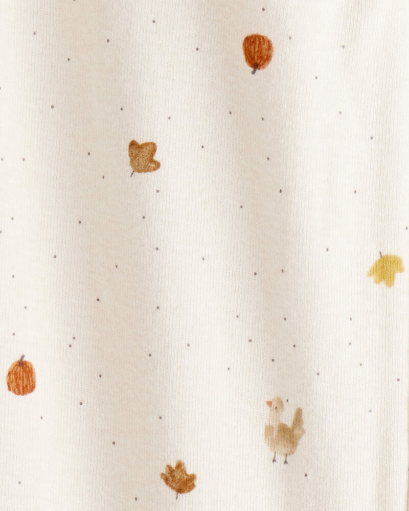 Toddler Thanksgiving Print 100% Cotton Long-Sleeve 2-Way Zip Footed 1-Piece Pajamas - White, image 3 of 4 slides
