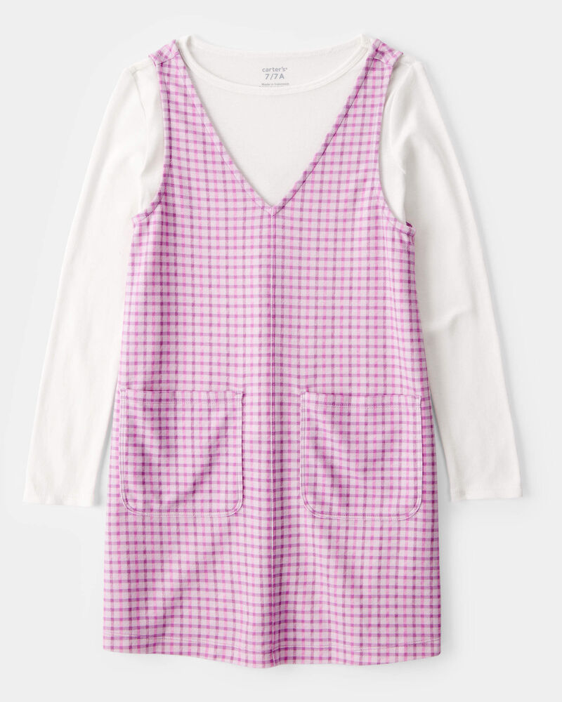 Kid 2-Piece Long-Sleeve Tee & Plaid Dress Set - White/Pink, image 1 of 6 slides