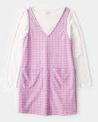 Kid 2-Piece Long-Sleeve Tee & Plaid Dress Set - White/Pink, image 1 of 6 slides