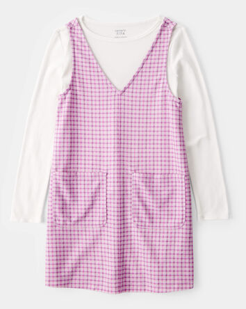 Kid 2-Piece Long-Sleeve Tee & Plaid Dress Set - White/Pink, 