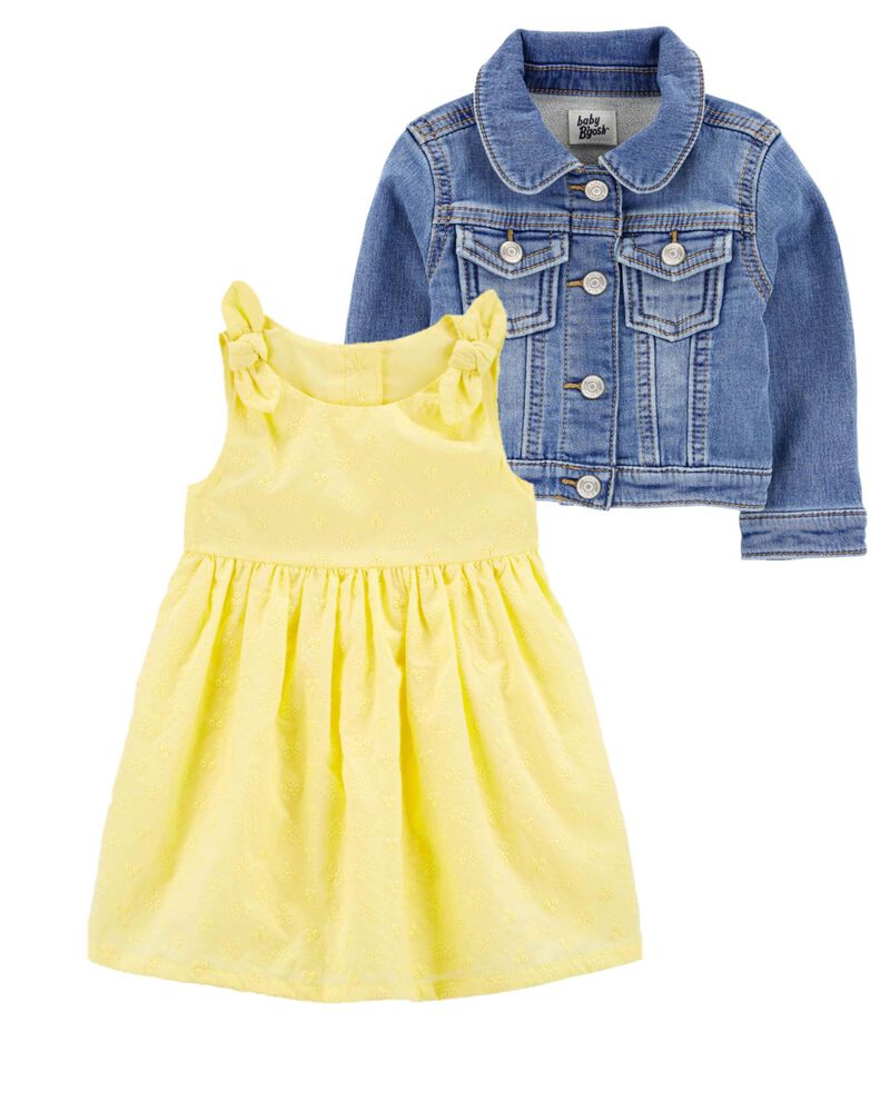 Baby 2-Piece Denim Jacket & Eyelet Babydoll Dress Set, image 1 of 1 slides