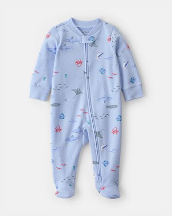 Baby Sea Animals 2-Way Zip 100% Cotton Sleep & Play Pajama - Blue, 