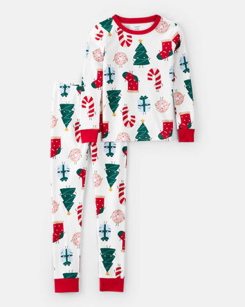 Kid Christmas Print 100% Cotton Long-Sleeve 2-Piece Pajamas - White, 