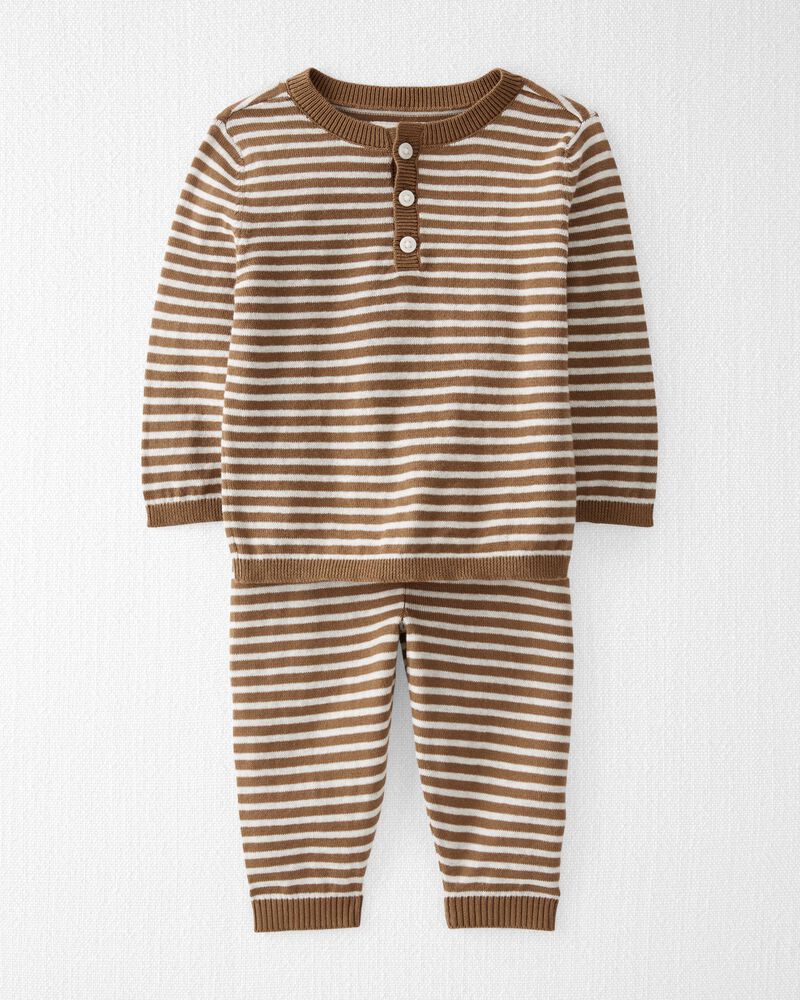 Baby Organic Cotton Brown Striped Sweater Knit Set, image 1 of 6 slides