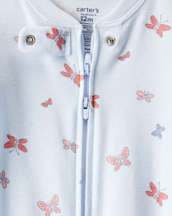 Baby Girl Butterfly 100% Cotton Snug Fit 2-Way Zip Footie 1-Piece Pajamas - Blue, 