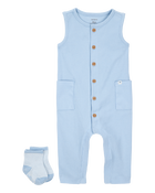 Baby 2-Piece Jumpsuit & Sock Set - Blue, image 1 of 5 slides