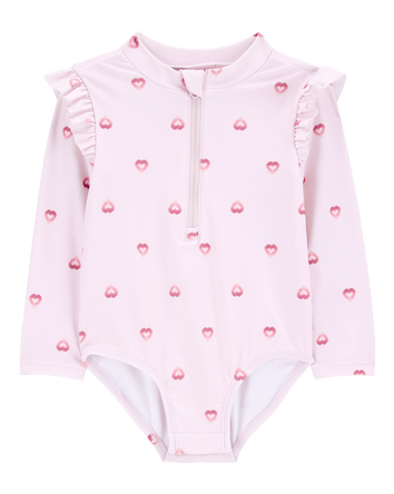 Baby 1-Piece Heart-PrintLong-Sleeve Rashguard Swimsuit - Pink, 