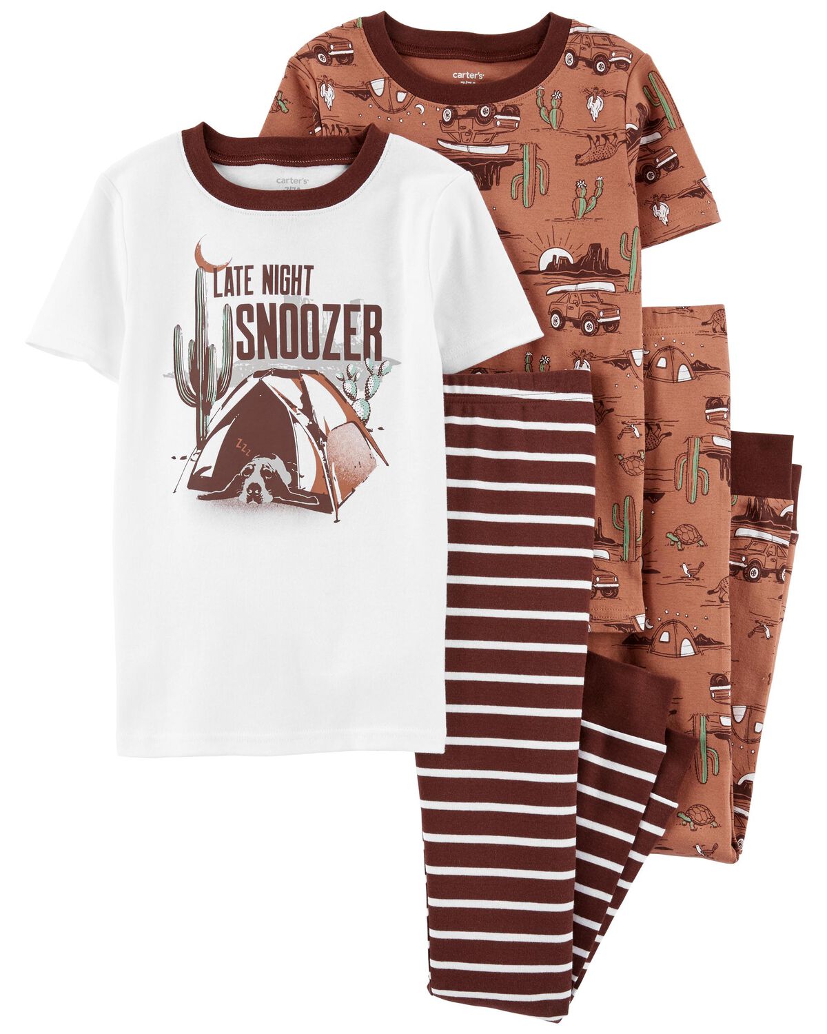 Carters Brown/White Kid 4-Piece Camping 100% Snug Fit Cotton Pajamas