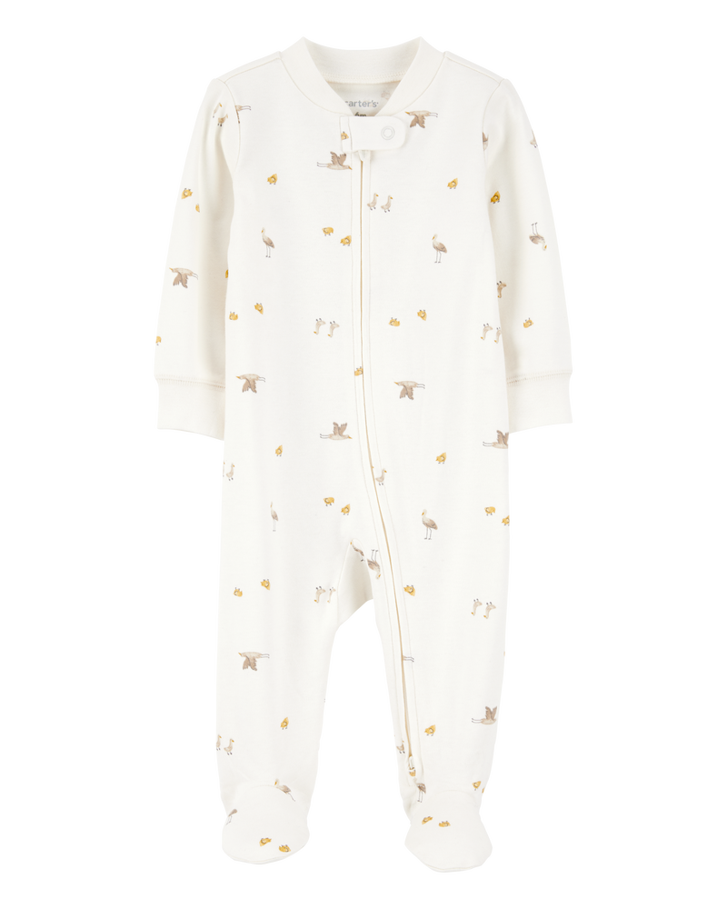 Baby Mini Bird Print 2-Way Zip Cotton Sleep & Play Pajamas, image 1 of 3 slides