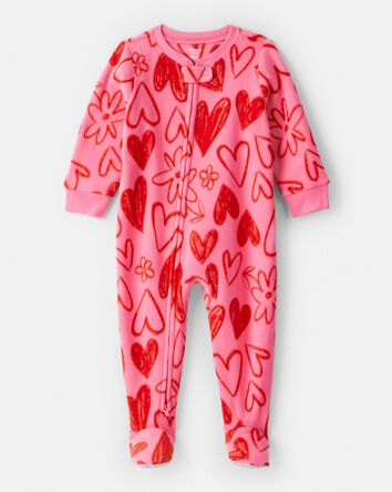 Baby Girl Heart Fleece Long-Sleeve Loose Fit 1-Piece Pajamas - Pink/Red, 