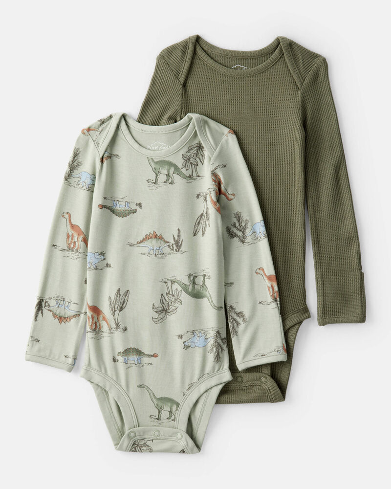 Baby Boy 2-Pack Dinosaur Print PurelySoft Long-Sleeve Multipack Bodysuits - Green, image 1 of 7 slides