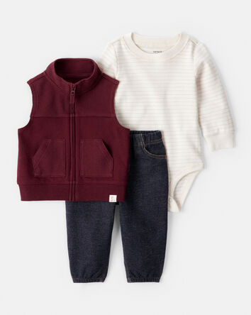 Baby Boy 3-Piece Long-Sleeve Bodysuit, Vest & Denim Pant Set, 
