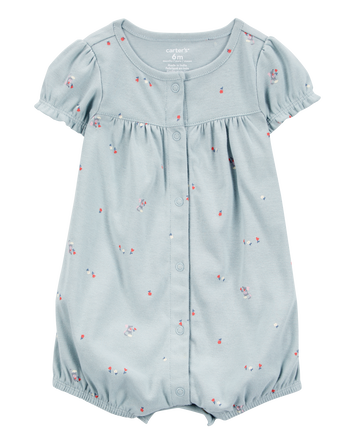Baby Girl Floral Print Ribbed Short-Sleeve Romper - Blue, 