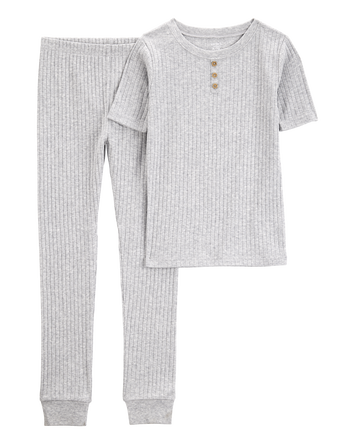 Kid Solid Ribbed Cotton Blend 2-Piece Pajamas - Grey, 