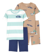 Kid Surfing Print Snug Fit Cotton 4-Piece Pajamas, image 1 of 4 slides