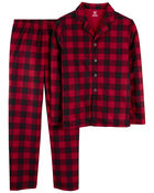 Adult 2-Piece Buffalo Check Fleece Coat Style Pajamas, image 1 of 3 slides