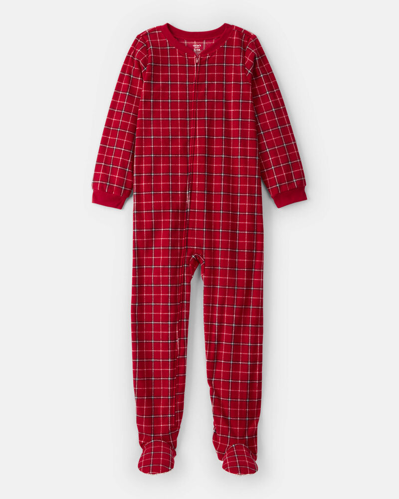 Boys Plaid Print Fleece Long-Sleeve Loose Fit 1-Piece Pajamas - Red, image 1 of 3 slides