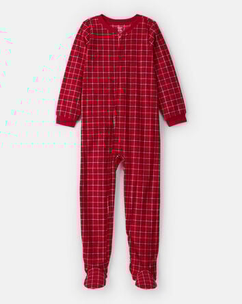 Boys Plaid Print Fleece Long-Sleeve Loose Fit 1-Piece Pajamas - Red, 
