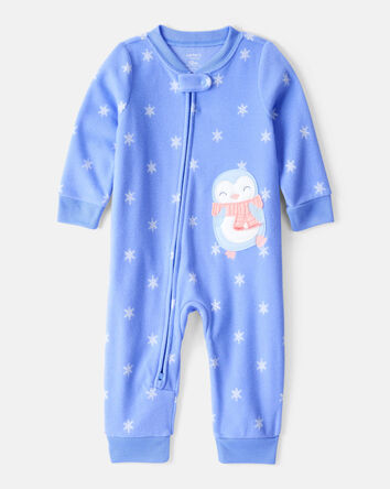 Baby Girl Penguin Fleece Long-Sleeve Loose Fit 1-Piece Pajamas - Blue, 