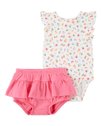 Baby Girl 2-Piece Floral Bodysuit & Diaper Cover Set - Pink, 