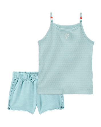 Baby 2-Piece Floral Ribbed Tank Top & Pom Pom Dolphin Shorts Set - Turquoise, 