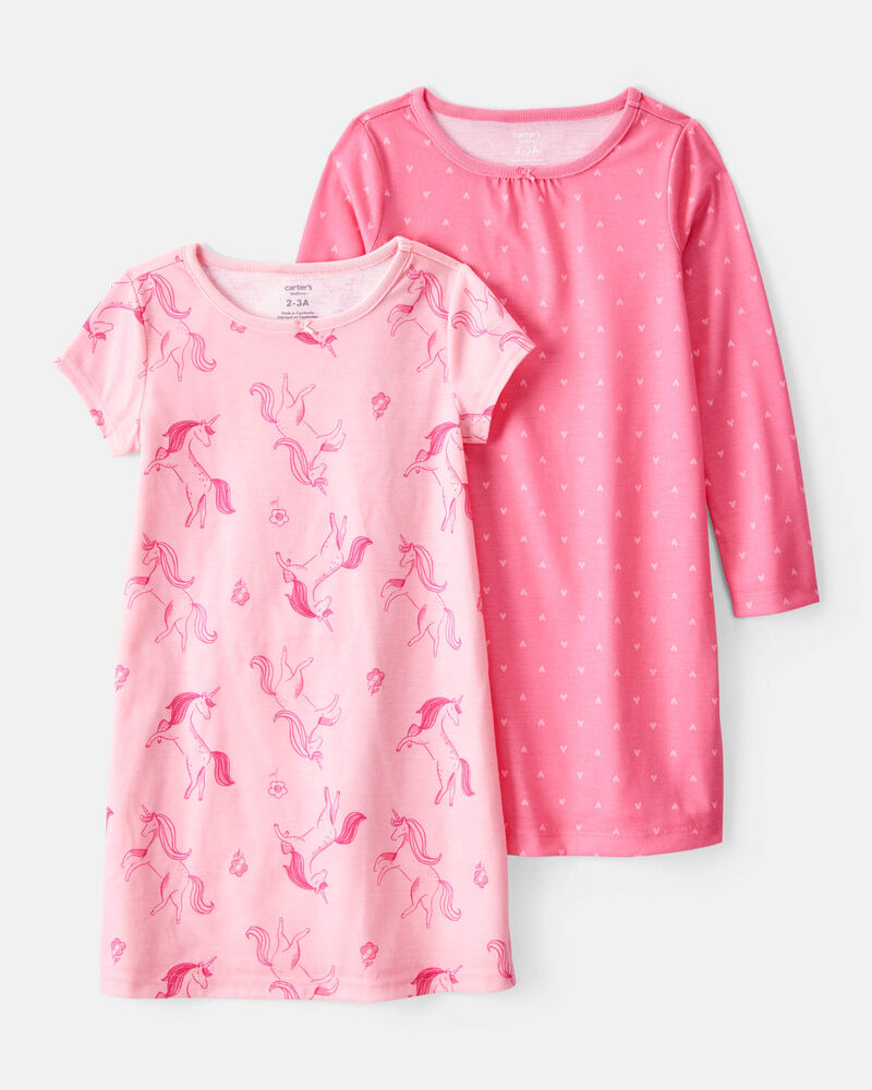Kid 2-Pack Unicorn Hearts Nightgowns - Pink, image 1 of 5 slides