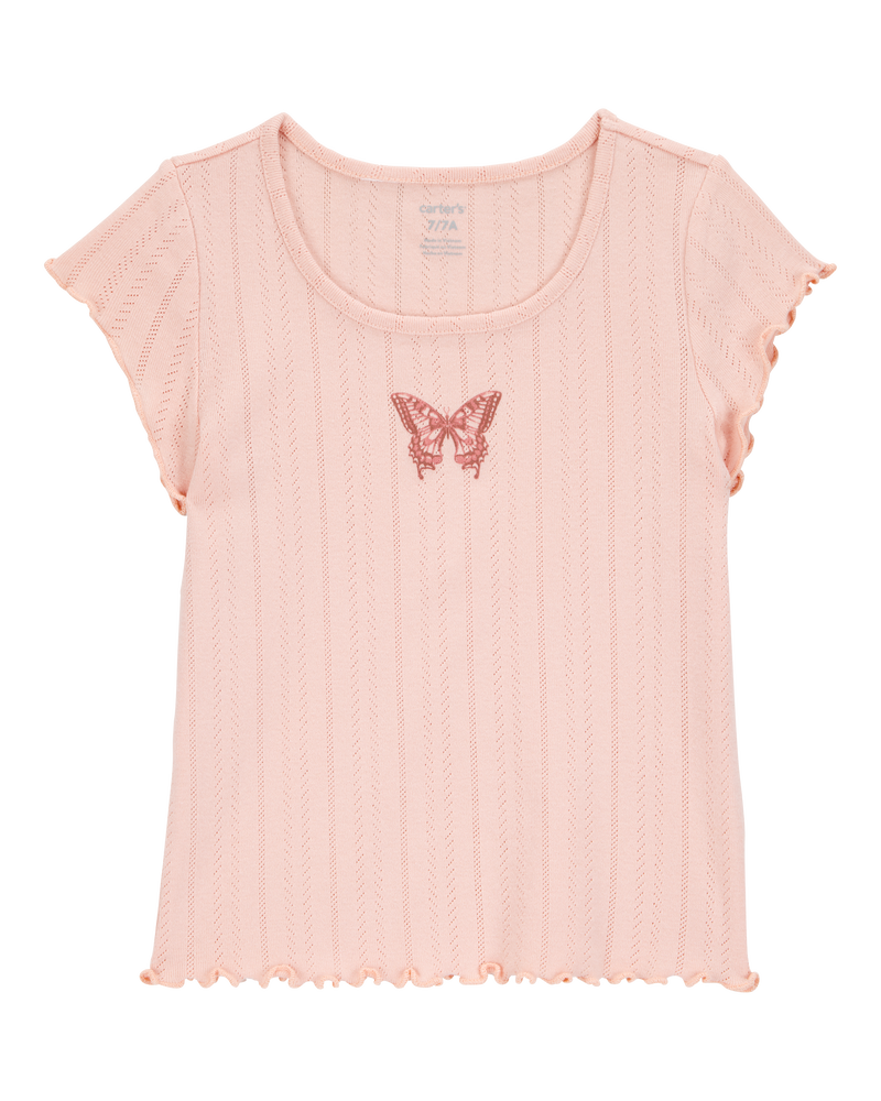 Kid 2-Piece Butterfly Pointelle Tee & Chiffon Skirt Set - Pink, image 3 of 5 slides