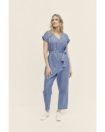 Adult Womens Maternity Chambray Jumpsuit, 