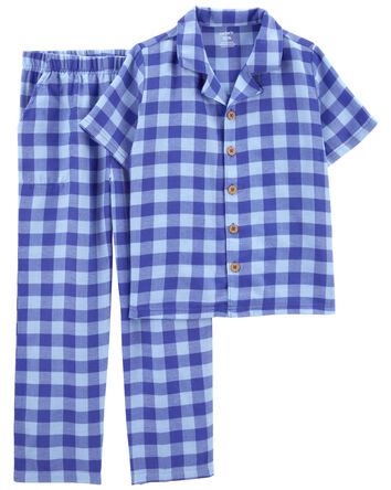 Kid 2-Piece Gingham Coat Style Pajamas, 