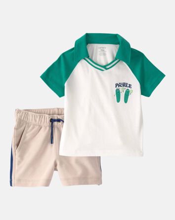 Toddler Boy 2-Piece Pickleball Polo Shirt & French Terry Shorts Set - Green/Ivory/Khaki, 