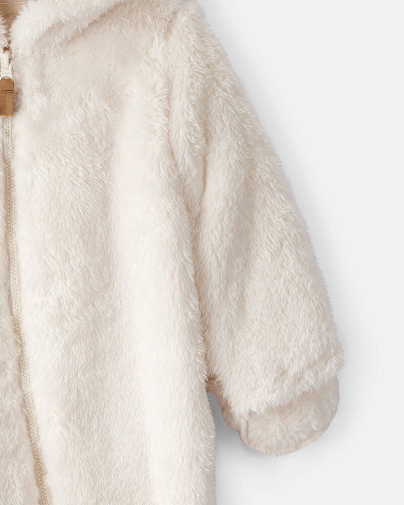 Baby Sherpa Hooded Long-Sleeve Jumpsuit - White, image 2 of 4 slides