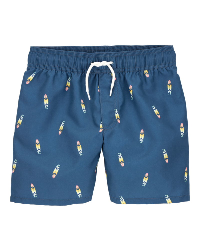 Kid Surfboard-Print Pull-On Swim Trunks, image 1 of 4 slides