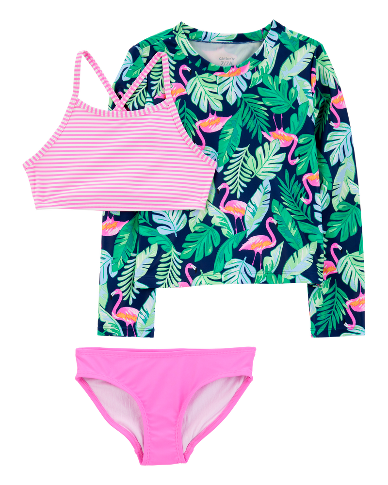 Girls 3-Piece Tropical Flamingo Print Rashguard Swim Set, image 1 of 5 slides